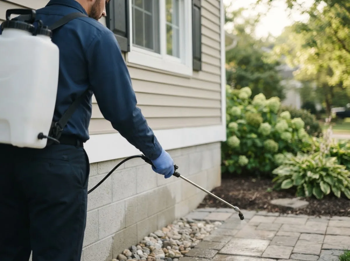 Pest control technician inspecting a home in Cedarville, MI
